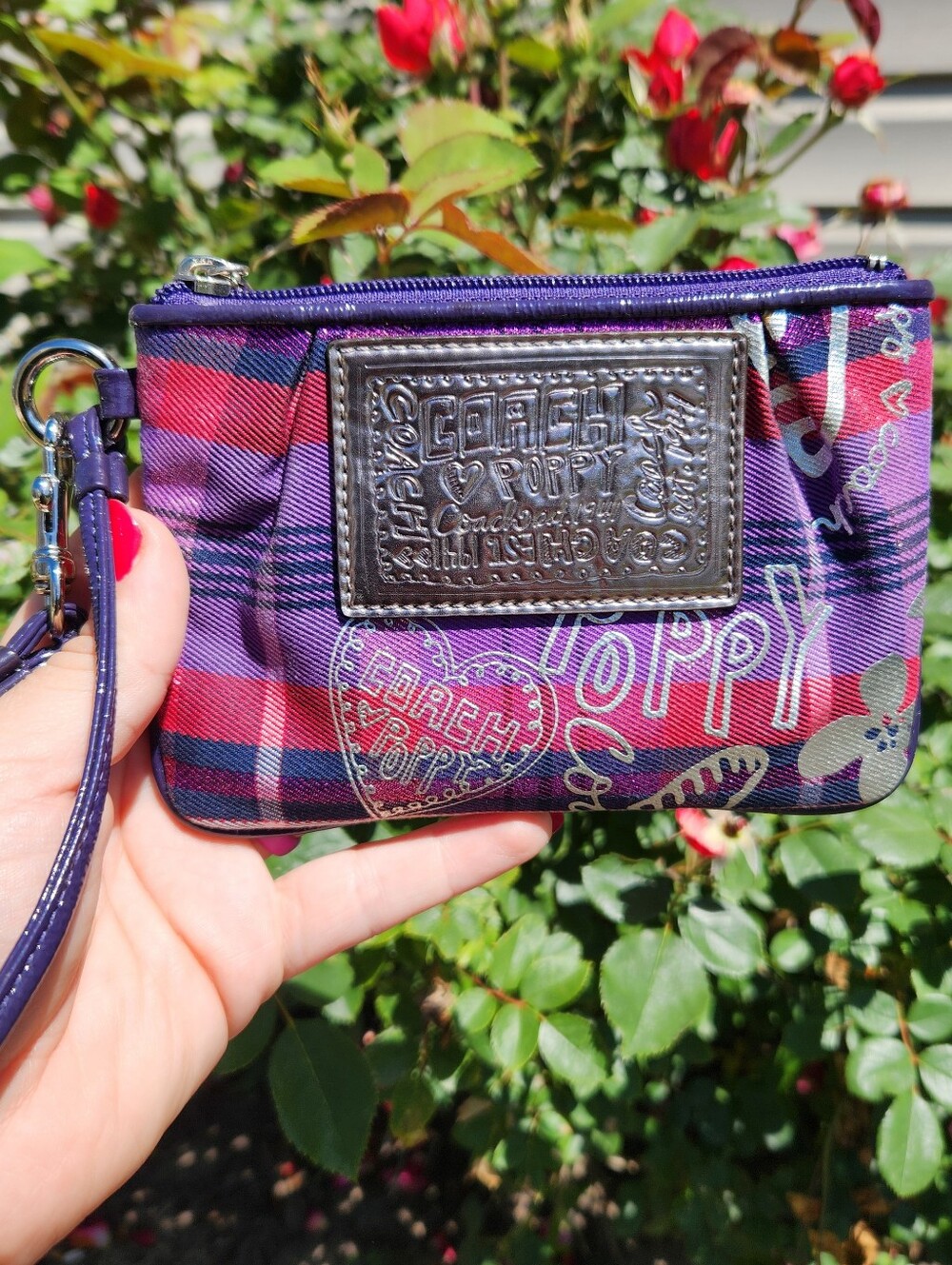 Coach Poppy Purple and Pink Plaid Zip Wristlet NO CALL OUTS